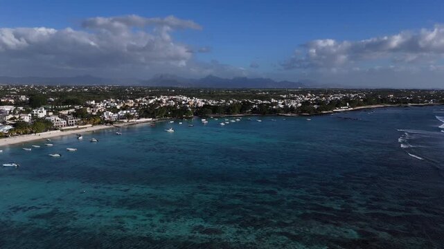 4K Reverse Aerial View of Trou aux Biches Coast, Mauritius &ndash; Lagoon and Beachfront Houses