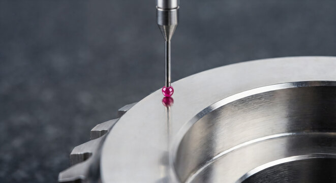 Coordinate measuring machine probe inspecting machined metal part for quality control