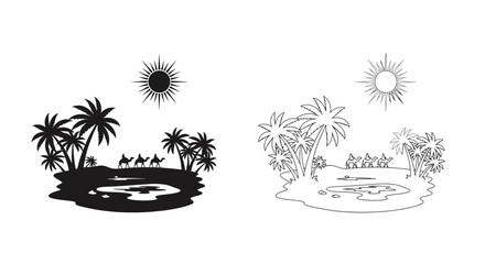 Obraz premium Tropical island scene with palm trees camels and sun illustrations in contrasting styles