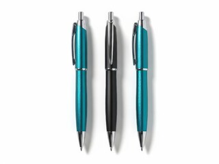 Fototapeta premium Three pens with blue, black, and turquoise ink in a row on a white background.
