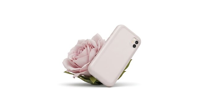 A pink rose and a white iphone on a white background