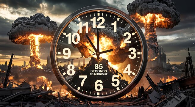 Apocalypse clock set to 85 seconds to midnight with nuclear mushroom clouds exploding in background symbolizing global nuclear threat and imminent destruction existential danger