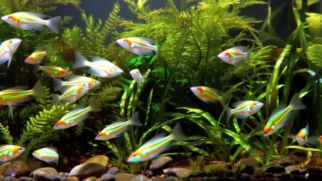 Radiant glofish tetra school swimming in lush aquarium display featuring vibrant coloration and underwater plants