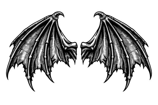 Vintage engraved bat dragon demon wings illustration, perfect for Gothic fantasy, mystical creature designs, spooky Halloween art, mythical tattoo concepts, legendary beast graphics, and dark fantasy