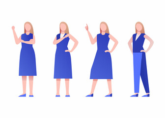 Obraz premium Four stylized women in blue dresses demonstrating different poses and gestures
