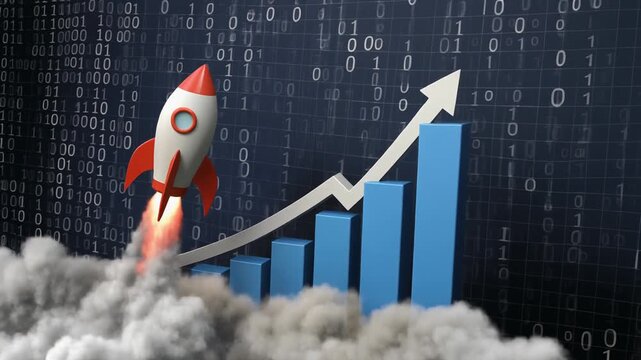 "Red and white rocket launching beside ascending blue bar graph with upward arrow on binary code background"