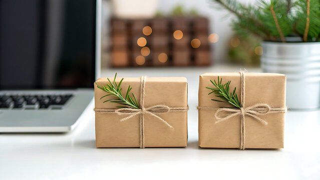Two small packages wrapped in brown paper with twine on a desk with a laptop and coffee mug.