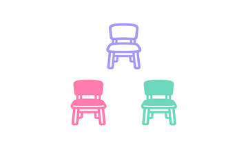 Fototapeta premium Three colorful chair icons are arranged in a triangular formation against a solid black background. The chairs are depicted in purple, pink, and teal shades with a minimalist design.