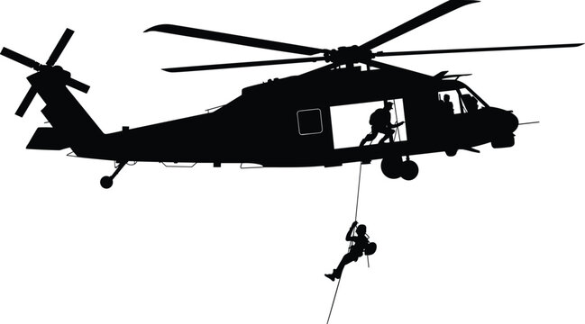 Military helicopter silhouette vector illustration, fast rope insertion, tactical maneuver, personnel deployment, black graphic artwork, defense design icon