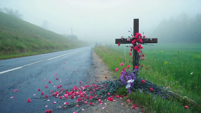 Floral tribute on a road. Tribute to a traffic accident victim.