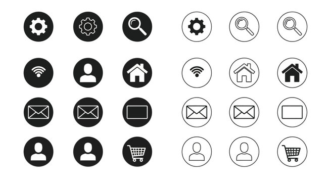 Collection of black and white circular icons representing various settings and functions