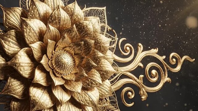 Luxurious Golden Flower Ornament with Swirling Filigree and Glittering Particles on Dark Background