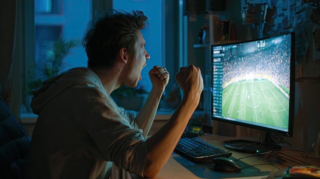 Man celebrates victory while watching sports game on computer screen