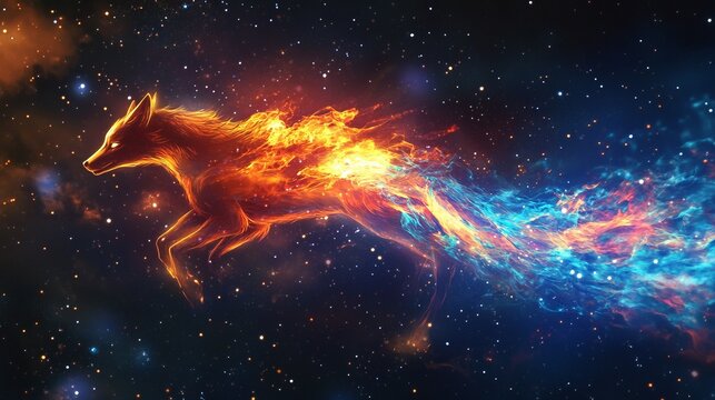 Mystical fire and ice fox spirit in cosmic universe