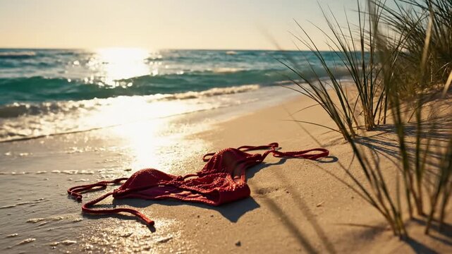 Solitary red bikini discarded on sunlit beach with gentle waves and sea grass nearby