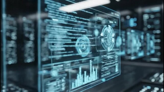 Futuristic digital interface with 3 D cube and data visualization on screens in a high-tech
