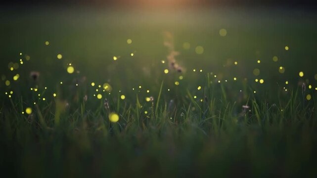 Fireflies glowing over green grass field at dusk. Bioluminescent insects flying above meadow. Evening scene with natural light.