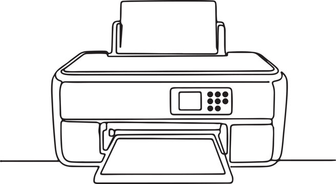 "Printer vector illustration showing paper tray, control panel, and feed slot symbolizing office technology, digital workspace, and document management"