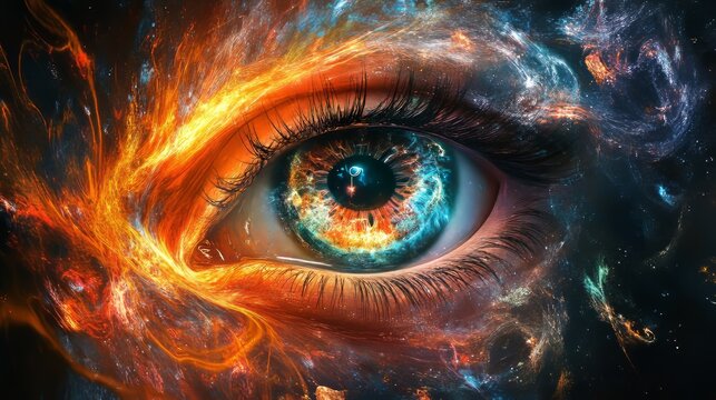 Cosmic eye with vibrant nebula and fiery colors in space