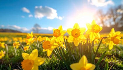 Fototapeta premium Vibrant yellow daffodils bloom in a lush green meadow under a bright blue sky with sunlight shining down