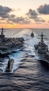 Military naval group maneuvers across deep ocean waters during a vibrant sunset