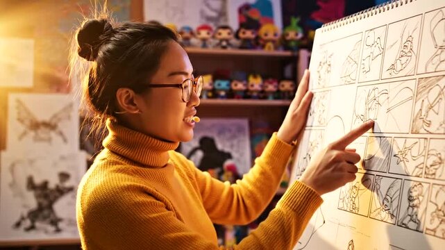 Young female artist working on a storyboard in her studio.