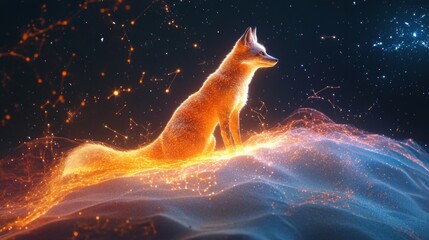 Fototapeta premium Glowing fox in a cosmic landscape with sparkling light trails at night