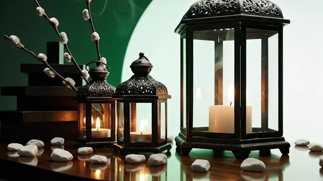 Decorative lanterns with candles and pussy willow branches on a wooden, creating a serene