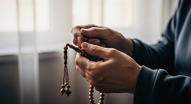 Close up of weathered hands holding prayer beads with a gentle touch in soft natural light focusing on spiritual devotion and inner peace