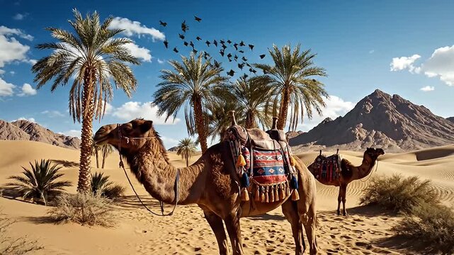 Dromedary Camels Resting in a Desert Oasis with Palm Trees and Mountains Under a Blue Sky