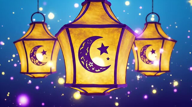 Glowing Ramadan lanterns with crescent moon and star pattern illuminate a festive night sky