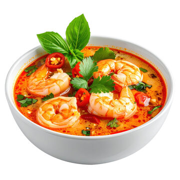 Delicious tom yum soup with shrimp, garnished with fresh parsley, isolated on white
