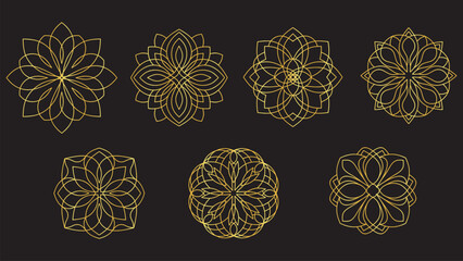Golden Geometric Mandala Ornaments on Black Background © Kensusei
