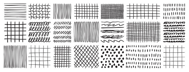 Fototapeta premium Hand drawn grids patterns set. Doodle pencil texture collection. Abstract line backgrounds for design