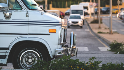 Naklejka premium vintage van at urban pedestrian crosswalk
