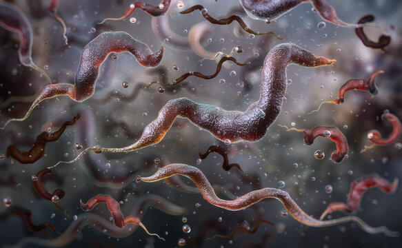 Campylobacter bacteria displaying spiral morphology and flagellar structures in a liquid environment. Bacterial gastroenteritis, foodborne illnesses, digestive health, clinical infection, microbiology