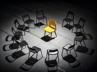 Twelve chairs arranged in a circle on a dark floor. Eleven of the chairs are black, while a single bright yellow chair sits in the center, standing out as the focal point.