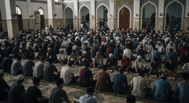 Large group of men sitting on prayer rugs inside a mosque during community Iftar meal with intricate patterned ceiling and arched doorways creating a spiritual atmosphere