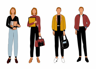 Fototapeta premium Four stylized figures showcasing diverse autumn fashion outfits and accessories