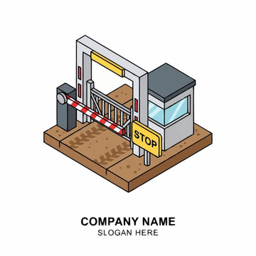 Isometric illustration of a security checkpoint with barrier gate and guard booth.