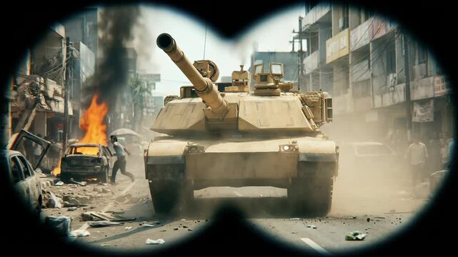 A heavy tank slowly drives through a smoky city street past burning cars as civilians flee in panic, viewed through binocular eyepieces