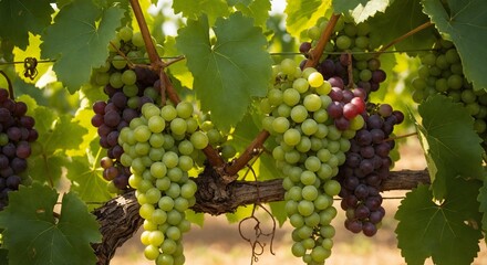 Vineyard grape clusters on vine leaves during harvest season