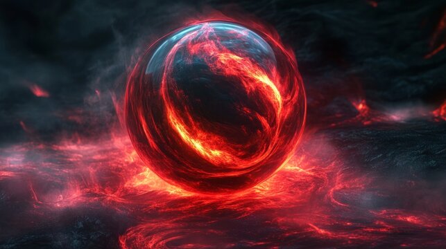 Fiery red orb in dark fiery landscape with intense glow and swirling patterns