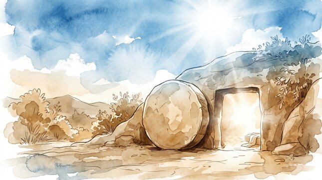 The empty tomb of Jesus Christ with a rolled-away stone and bright light emanating from inside, symbolizing resurrection and new life, for Easter celebration.