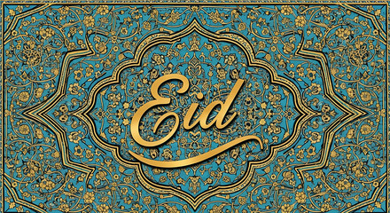 Obraz premium Eid celebration illustration with intricate patterns and designs on a decorative background viewed from directly above