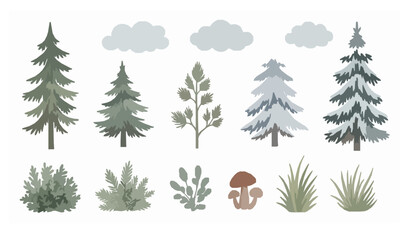 Fototapeta premium Watercolor woodland forest set with snowy trees plants and clouds in nordic style