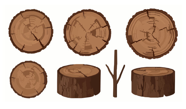 Natural wood texture vector set with log cross sections stumps and bark patterns