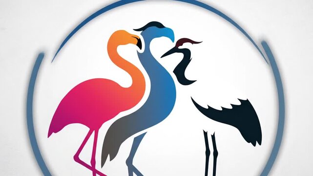 Three stylized birds, vibrant colors, encircled by a blue ring, on a textured, off-white background