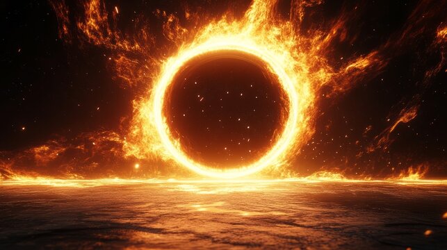 Fiery solar eclipse over ocean with burning ring and sparks at night
