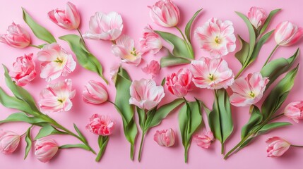 Obraz premium Pastel Petals: A Delicate Array of Pink Tulips on a Soft Backdrop